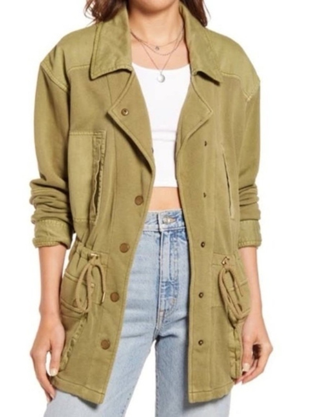 Tan Green Utility Jacket Adjustable waist Free People size small